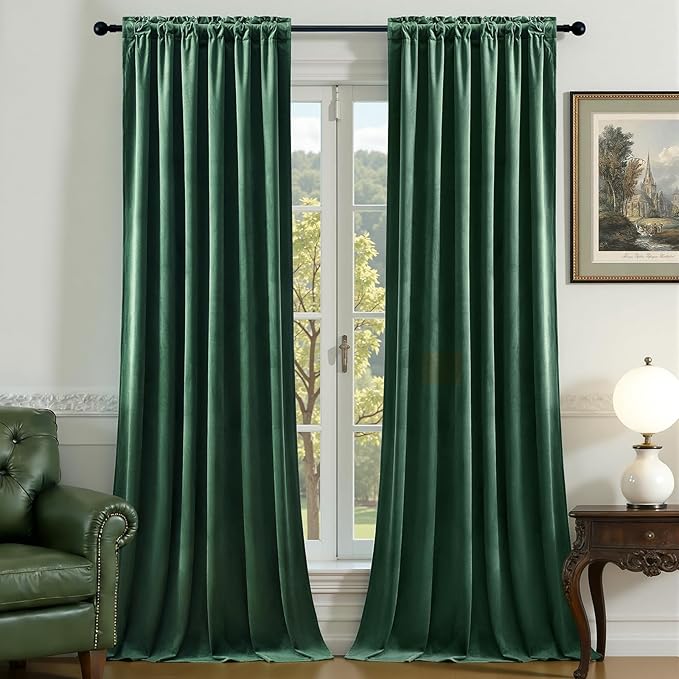 Green Velvet Curtains 84 Inches for Living Room, Elegant Thermal Insulated Luxury Drapes Room Darkening Heavy Blackout Curtains for Bedroom, Back Tab Rod Pocket, Dark Green, W52 x L84, 2 Panels