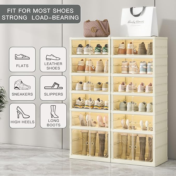 6 Tiers Foldable Shoe Rack Organizer for Closet with Wheels, 24Pairs Plastic Collapsible Shoe Shelf for Front Door Entrance Stackable Clear Folding Shoes Storage Boxes Tall Shoe Cabinet