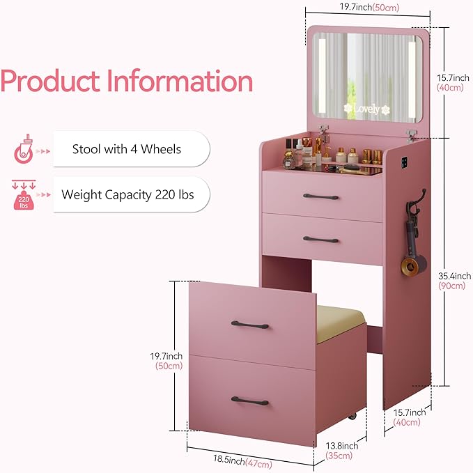 HNEBC 3 in 1 Vanity Desk with Plip Top LED Mirror,Small Dressing Table Set with Visible Glass Desktop,Compact Vanity with 3 Drawers,Storage Compartment and Padded Stool,for Bedroom(Pink)