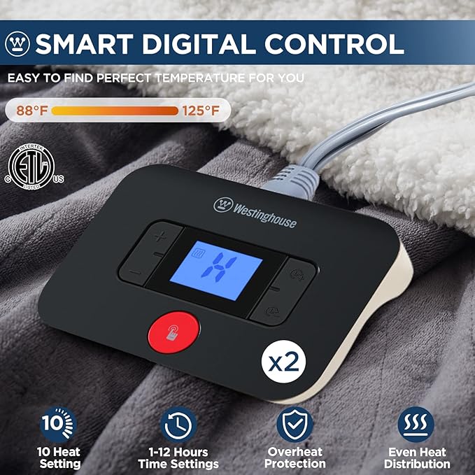 Westinghouse Electric Blanket King, Heated Blanket King Size with 10 Heating Levels and 1 to 12 Hours Heating Time Settings, Flannel to Sherpa Reversible, Machine Washable (90" x 100", Charcoal)
