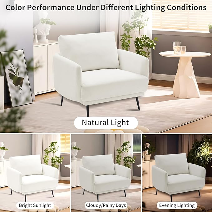 Oversized Accent Chair for Living Room Cozy Reading Chairs Mid-Century Modern Accent Chairs Armchair with Metal Legs Single Sofa Chair for Home Office (1-PCS, Polyester Fabric- Pearly White)