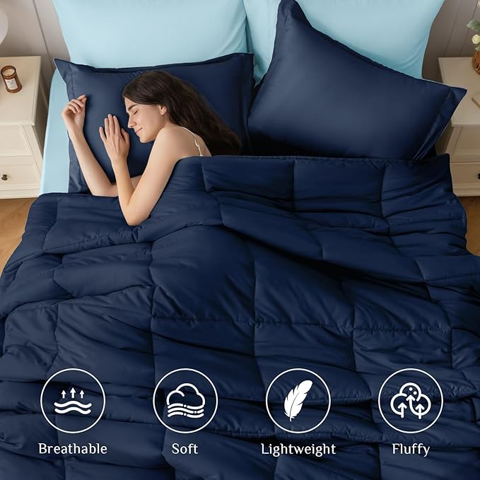 JOLLYVOGUE Twin Comforter Set, Ultra-Soft Bed in a Bag Twin Size 5 Pieces, Oeko-TEX Certified Bedding Set with Down Alternative Comforter, Sheets, Pillowcases & Shams, Navy & Light Blue
