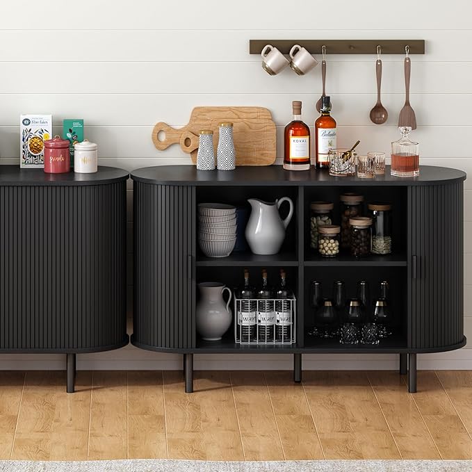 ONBRILL 48" Sideboard Buffet Cabinet with Storage, Storage Cabinet with Sliding Door & Adjustable Shelf, Modern Accent Coffee Bar Console Table for Kitchen, Entryway, Black