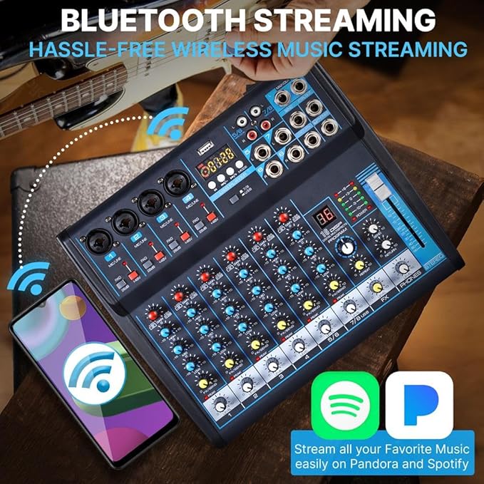 Pyle Professional Audio Mixer Sound Board Console Desk System- Interface 8 Channel Digital USB Bluetooth MP3 Computer Input 48V Phantom Power Stereo DJ Studio FX 16Bit DSP Processor, Black - PMXU83BT