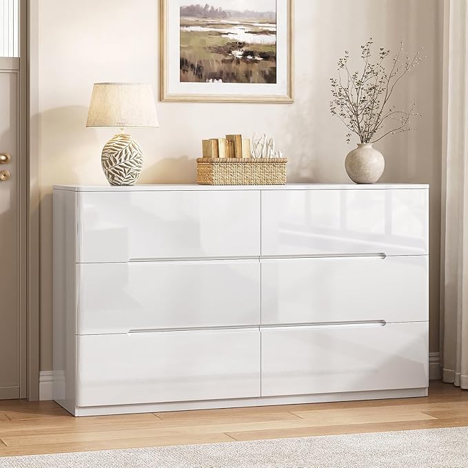 White Wood Dresser, 6 Drawer Dressers for Clothes Storage for Bedroom, Modern Dresser with Wide Drawers, Wide Wooden Chest Drawers for Living Room, Entryway, TV Stand