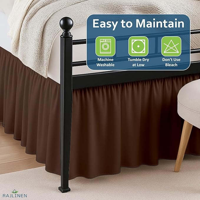 Rajlinen Ruffled Bed Skirt Full XL, 18 Inch Drop Dust Ruffle with Split Corners, 100% Microfiber Bedskirt with Platform, Three-Sided Coverage Ruffled Gathering Design, Chocolate