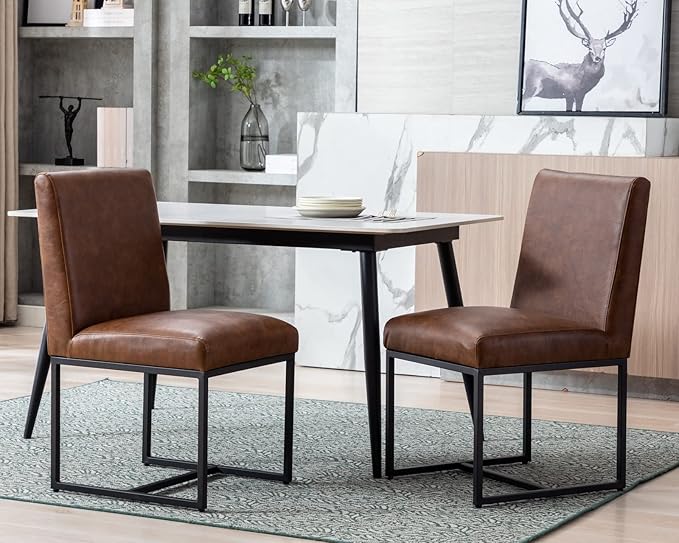 CIMOTA Modern Dining Chairs Set of 8, Leather Dining Room Chairs Upholstered Mid Century Armless Guest Side Chair with Black Base for Dining Room/Kitchen, Vintage Brown 8PCS
