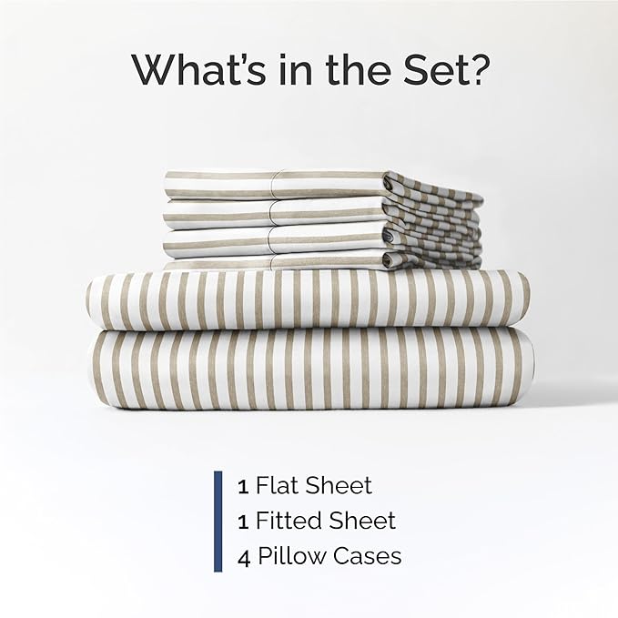 Full 6 Piece Sheet Set - Cooling, Comfy & Breathable - Hotel Luxury Bedding, Includes Fitted Sheet for Women, Men, Kids & Teens - 1 Flat, 1 Fitted Sheet, 4 Pillowcases w/Deep Pockets - Beige Stripes