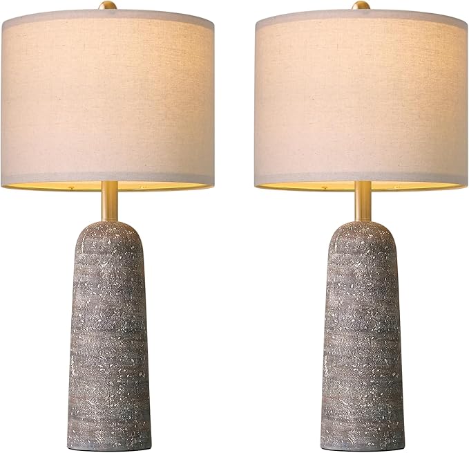 BOBOMOMO 27.25" Modern Table Lamp Set of 2, Light Grey Resin Table Lamps with Stone Look, Lamps for Living Room with Linen Shades, Bedroom Nightstand Lamps, Table Lamps for Living Room End Tables