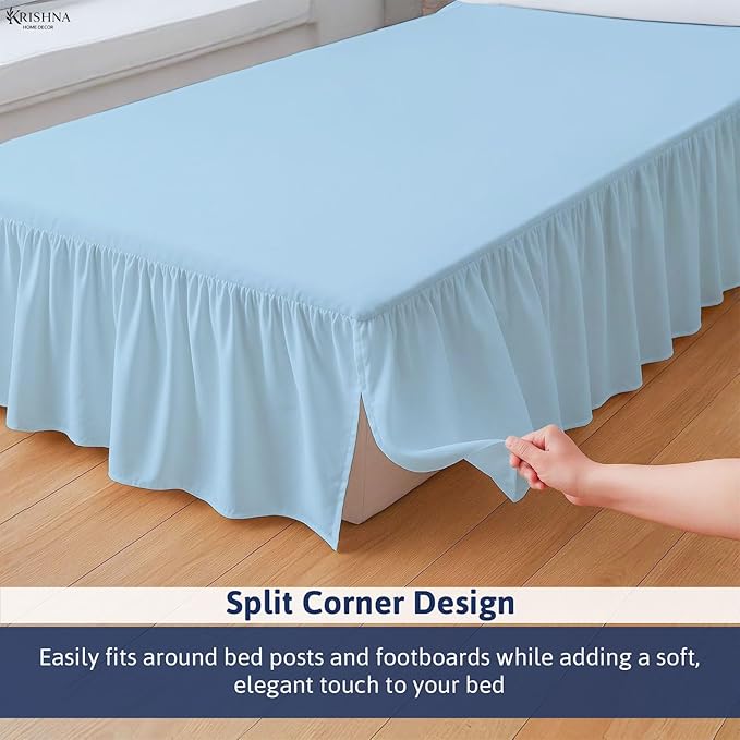 KRISHNA Ruffled Bed Skirt with Split Corners Full, 100% Microfiber Hotel Quality, 21 Inch Drop Dust Ruffle Gathered Bedskirt with Platform, 54" x 75", Light Blue