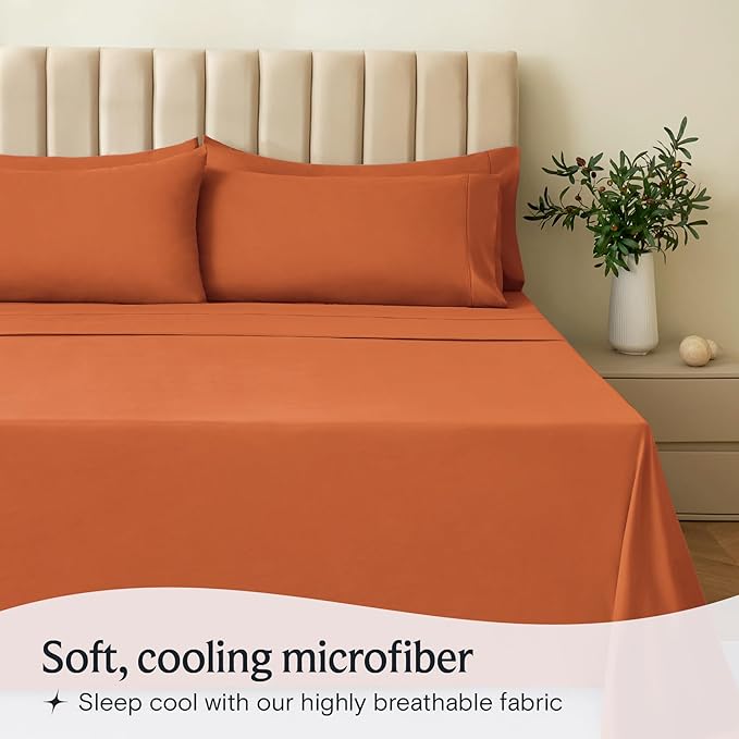 LuxClub 4 PC Queen Sheet Set, Deep Pockets Wrinkle Free Cooling Bed Sheets Hotel Bedding for Women, Men, Includes 1 Fitted Sheet, 1 Flat Sheet and 2 Pillowcases-Silky Soft Autumn Orange