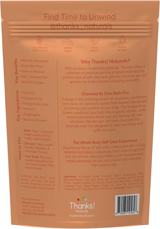 Bath Fizz, Charmed by Chai, Vegan & Natural Bath Fizz with Cinnamon Oil, Himalayan Pink Salt, Shea Butter & Cardamom, Spa at Home, Self Care Essential, Multiple Baths, 4 OZ