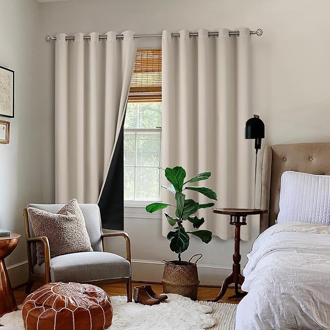 BGment Thermal Insulated 100% Blackout Curtains for Bedroom with Black Liner, Double Layer Full Room Darkening Noise Reducing Grommet Curtain (60 x 63 Inch, Cashmere, 2 Panels)