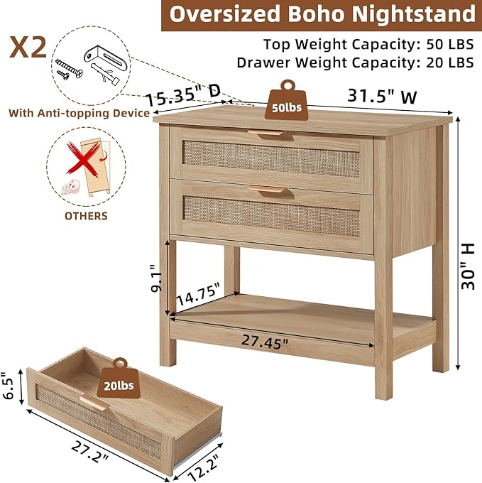 LEYAOYAO 31.5" Wide Rattan Night Stands Set 2, Oversized Large Boho Nightstand with 2 Drawer, Natural Wood Bed Side End Tables with Storage Shelf, Tall Bedside Table for Bedroom Living Room, Hallway