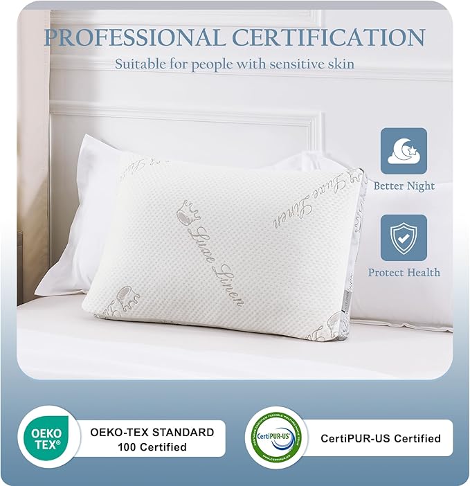 Organic Cotton Queen Bed Pillows, Shredded Memory Foam Pillows, Adjustable Bed Pillow for Sleeping, 20"x30"Organic Cotton Bed Pillows for Side, Back, Stomach Sleepers（Pack of 1）
