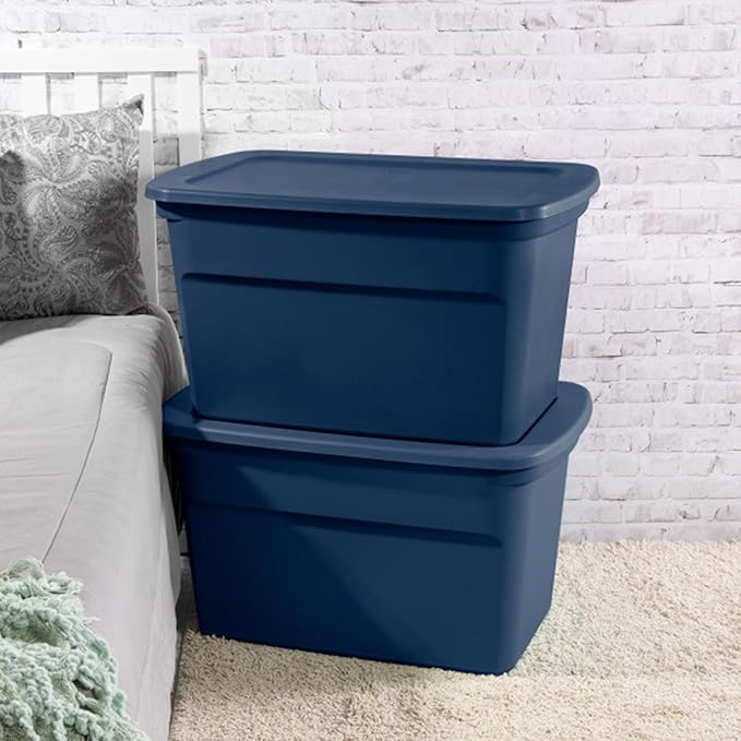 Sterilite 12-Pack Tote, Plastic Storage Bins with Snap Lids, 30 Gallon, Marine Blue - Stackable Home Organizers with In-Molded Handles for Bedroom, Garage, Basement and Attic