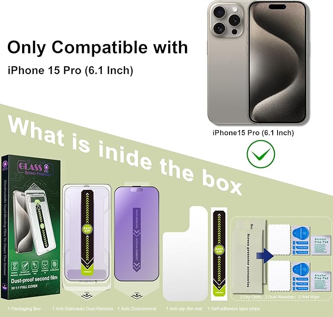 (2-Pack Anti Blue Light Matte Screen Protector for iPhone 15 Pro (6.1-Inch),9H Tempered Glass,Anti-Glare,Full Coverage,Anti-Fingerprint,Auto Dust Removal,Bubble-Free