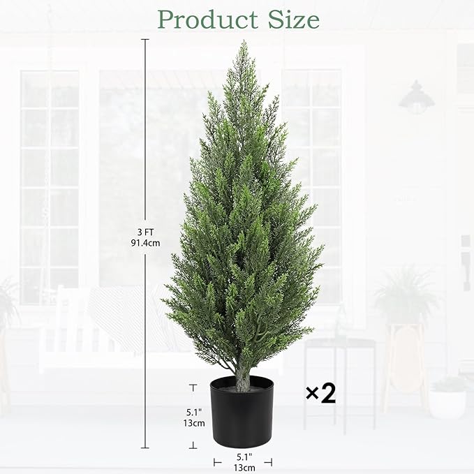 Briful 3ft Cedar Topiary Trees Artificial Outdoor Set of 2, Realistic Faux Cedar Pines with Pots, UV Resistant Christmas Greenery for Holiday Decor, Indoor Farmhouse Entryway Patio Door Plants