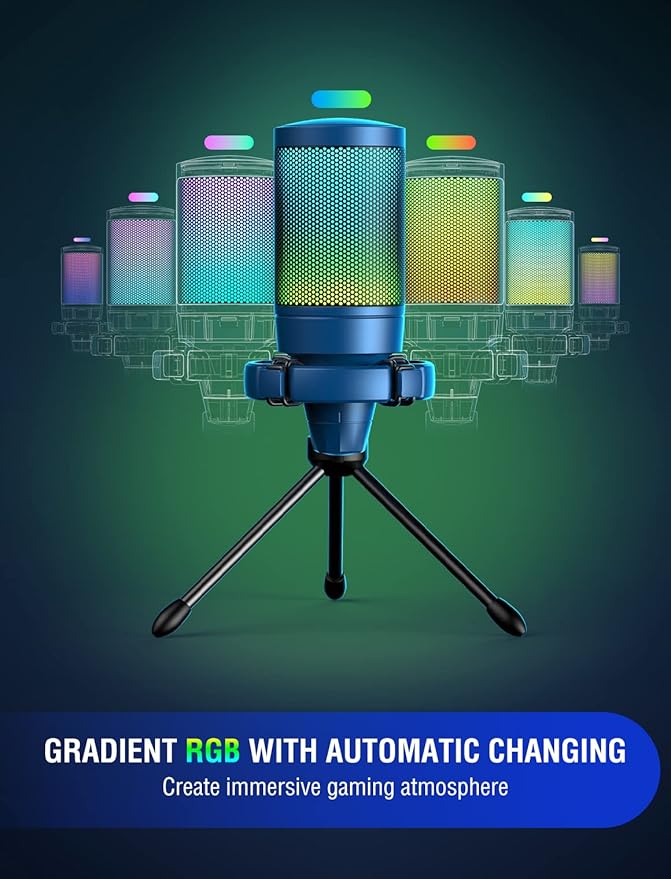 FIFINE Gaming Streaming USB PC Microphone for Mac OS/Windows, AmpliGame Condenser Cardioid Mic with RGB for Video Vocal Recording Twitch Discord, Gamer Computer Mic-Blue