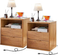 LEYAOYAO Fluted Farmhouse Nightstand Set of 2 with Charging Station, 23" Wide 2 Drawers End Table,Brown Dresser for Bedroom,Bed Side Table Chest of Drawers Cabinet,Wood Night Stand for Living Room