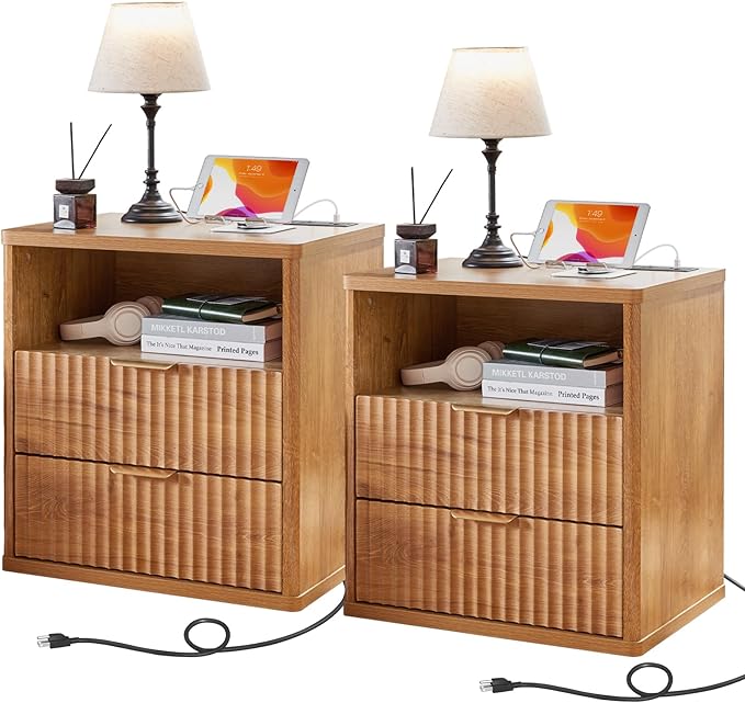 LEYAOYAO Fluted Farmhouse Nightstand Set of 2 with Charging Station, 23" Wide 2 Drawers End Table,Brown Dresser for Bedroom,Bed Side Table Chest of Drawers Cabinet,Wood Night Stand for Living Room
