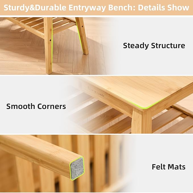 Nnewvante Bamboo Entryway Bench, 33.46" Indoor Storage Bench, Small Wood Benches for Living Room, Bedroom, Dining Room, Hallway, Outdoor Wooden Bench, Holds up to 300lbs