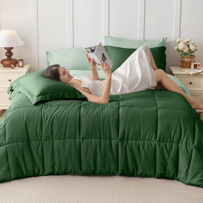 JOLLYVOGUE Full Comforter Set, Ultra-Soft Bed in a Bag Full Size 7 Pieces, Oeko-TEX Certified Bedding Set with Down Alternative Comforter, Sheets, Pillowcases & Shams, Dark Green & Light Green
