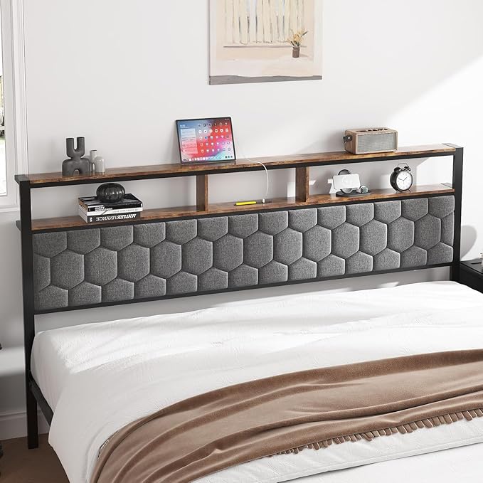 King Size Bed Frame with Storage Headboard & Charging Station, Platform Bedframe with LED Lights, Upholstered Headboard, Metal Slat Support, No Box Spring Needed