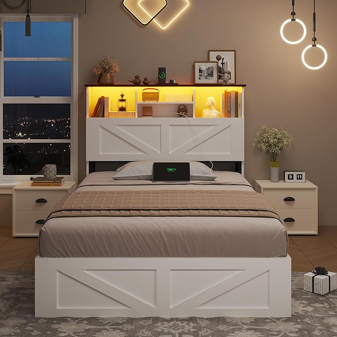 AOGLLATI Farmhouse Twin Bed Frame with 4 Storage Drawers and Charging Station,Wooden Led Twin Bed with Storage Hidden Space Headboard and Metal Slats,No Spring Box Needed,White