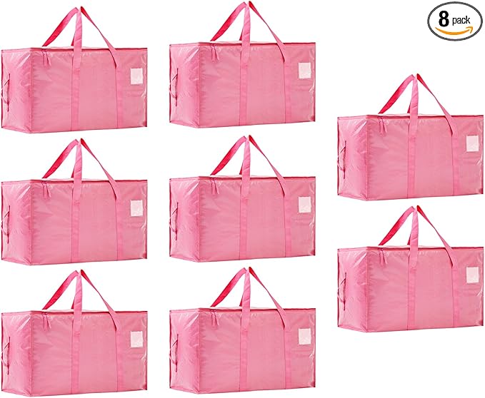 Moving Bags Heavy Duty Extra Large, Moving Boxes, Moving Supplies Essentials,Storage Bins with Lids, Plastic Packing Totes, Storage Bags for Clothes with Handles & Zippers(Pink, 8 Pack)
