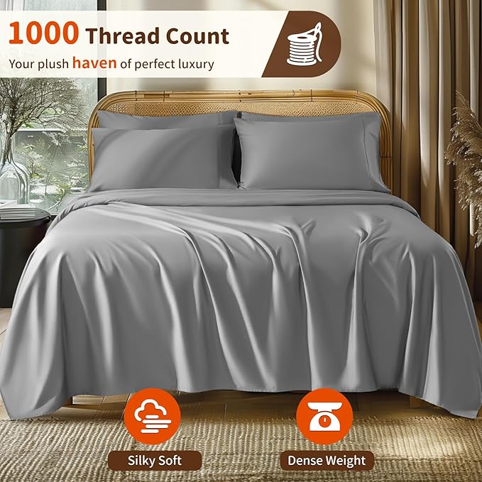 LBRO2M 1000 Thread Count 100% Egyptian Cotton Sheets Set 6 Piece Sets King Bed Sheet Deep Pocket Sheet Set 16" Soft Comfortable All Season (King, Gray)