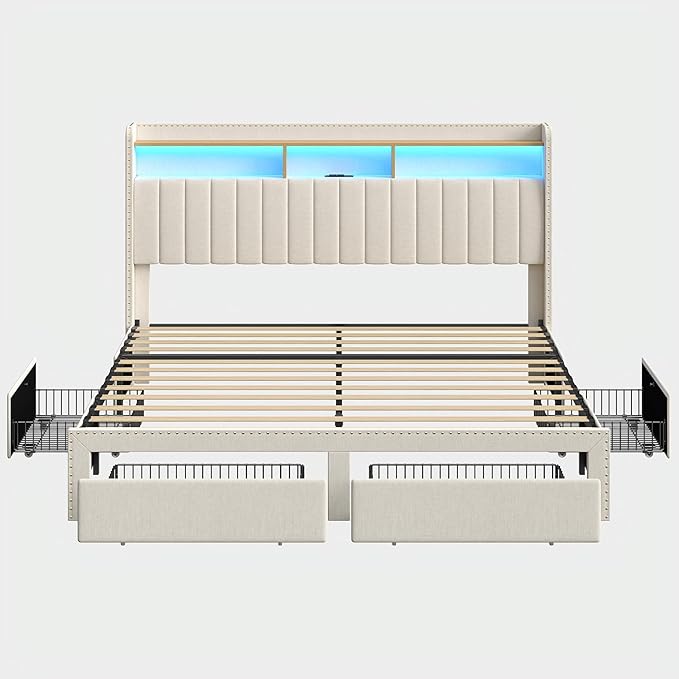 King Size Bed Frame with LED Light and Charging Station, Upholstered Bed Frame with 4 Drawers and 2-Tier Storage Headboard, Easy Assembly, Wooden Slats Support, No Box Spring Needed