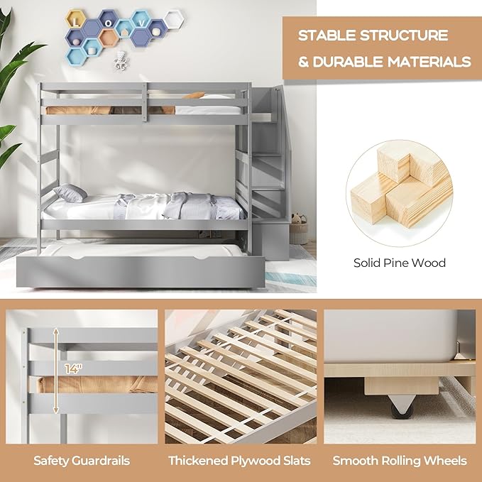 KOTEK Twin Over Twin Bunk Bed with Trundle and Stairs, Solid Wood Bunk Bed Frame with Storage Shelf, Bunk Beds Detachable into 2 Platform Beds for Kids Teens Adults (Grey)