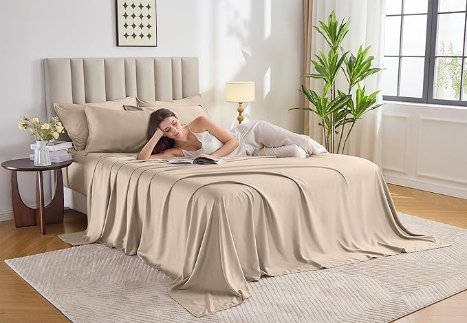Pure Bamboo Full Sheets, Genuine 100% Organic Viscose Derived from Bamboo Bed Sheet Set, Luxuriously Soft & Cooling, Double Stitching, 2 Year Quality Promise (Full, Almond)