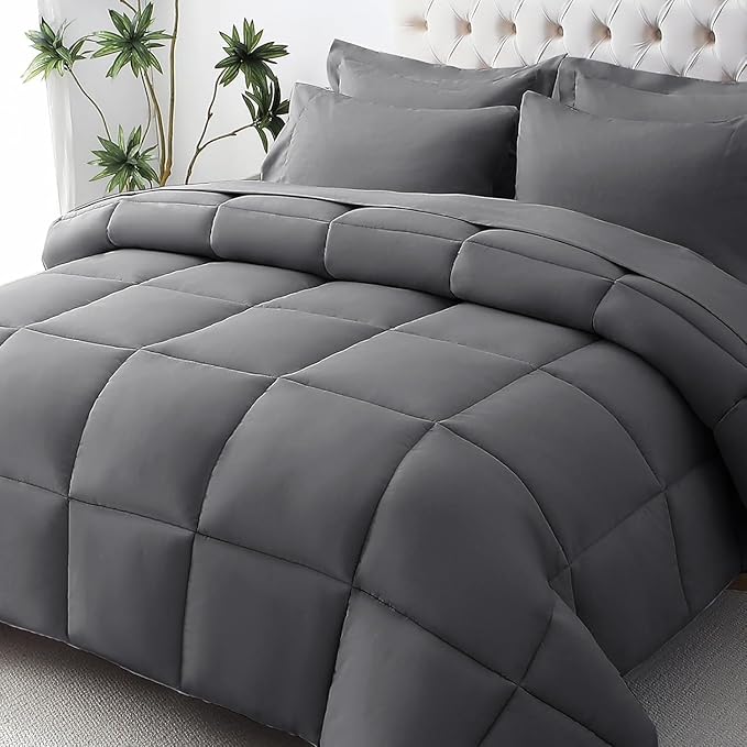 JOLLYVOGUE Oversized Queen Comforter Set, Ultra-Soft Bed in a Bag Oversized Queen Size 7 Pieces, Oeko-TEX Certified Bedding Set with Down Alternative Comforter, Sheets, Pillowcases & Shams, Dark Grey