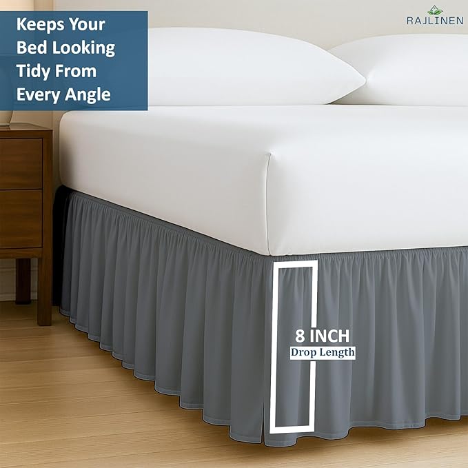 Rajlinen Ruffled Bed Skirt California King, 8 Inch Drop Dust Ruffle with Split Corners, 100% Microfiber Bedskirt with Platform, Three-Sided Coverage Ruffled Gathering Design, Dark Grey