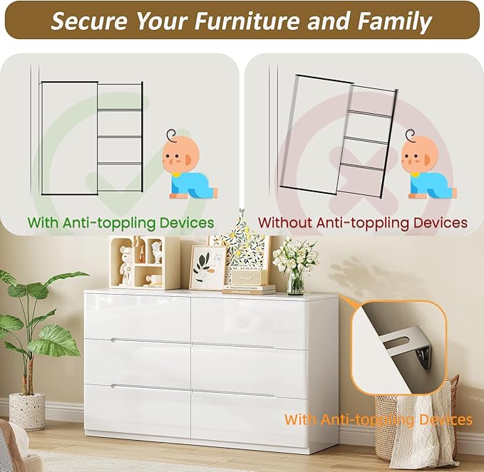 White Wood Dresser, 6 Drawer Dressers for Clothes Storage for Bedroom, Modern Dresser with Wide Drawers, Wide Wooden Chest Drawers for Living Room, Entryway, TV Stand