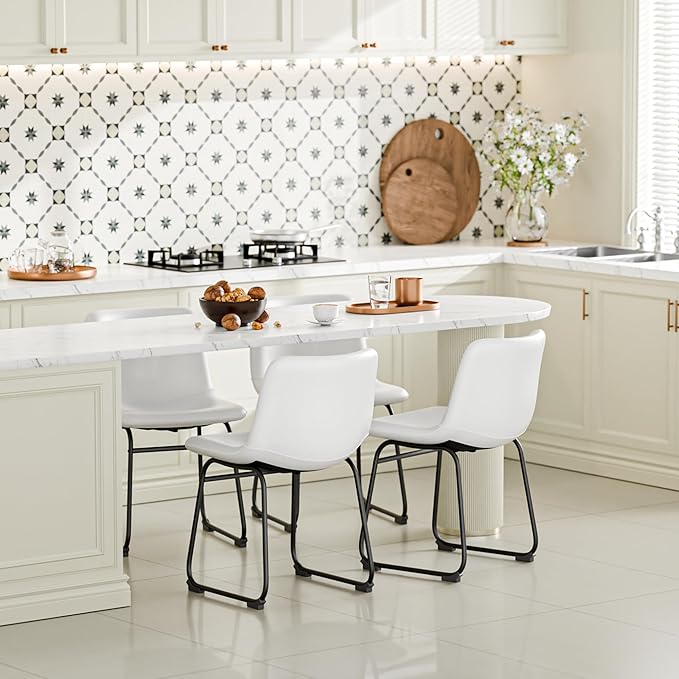 Dining Chairs Set of 4, 18 Inch Kitchen Chairs with Back, Faux Leather Dining Room Chairs with Metal Legs for Home, Bistro Coffee Shops (White)