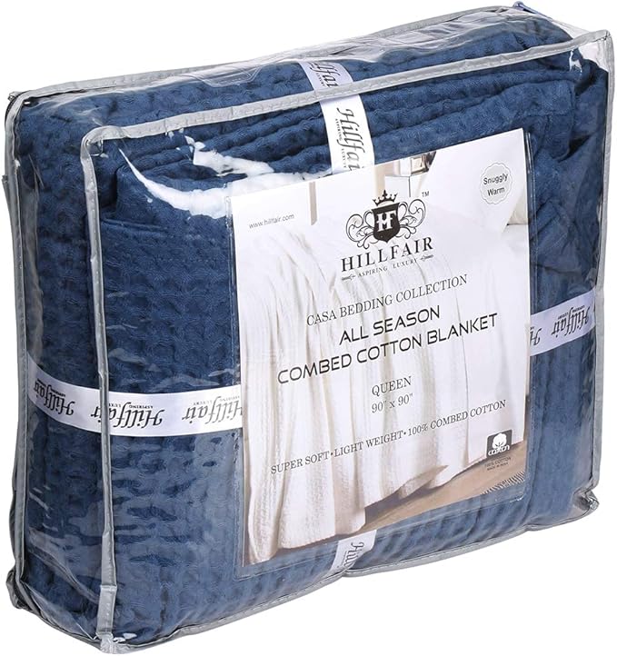 HILLFAIR 100% Combed Cotton Blanket–102x108 Inch California King Size Bed Blankets– Warm Soft All Season Breathable Blankets– Extra Large Oversized California King Blanket- Navy Blue Cotton Blankets