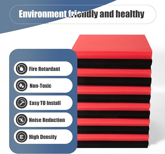 50 Pack Acoustic Panels 1 X 12 X 12 Inches - Acoustic Foam Studio Foam Wedges High Density Panels Soundproof Wedges Charcoal (Black&Red)