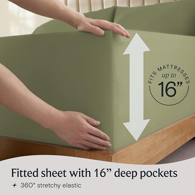 LuxClub 4 PC Queen Sheet Set, Deep Pockets Wrinkle Free Cooling Bed Sheets Hotel Bedding for Women, Men, Includes 1 Fitted Sheet, 1 Flat Sheet and 2 Pillowcases-Soft Olive