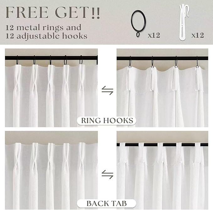 Extra Wide Linen Curtains 102 Inches Long 70 Inch Wide for Living Room Bedroom Light Filtering Beige Off White Pinch Pleated Curtains Hooks Rings Back Tab for Sliding Door 1 Panel 70Wx102L