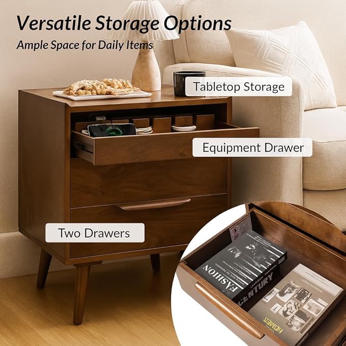 HULALA HOME 2 Drawer End Table with Pull-Out Shelf, Mid-Century Modern End Table with Wood Legs, Wood Side Table with Charging Station(Walnut, Set of 2)