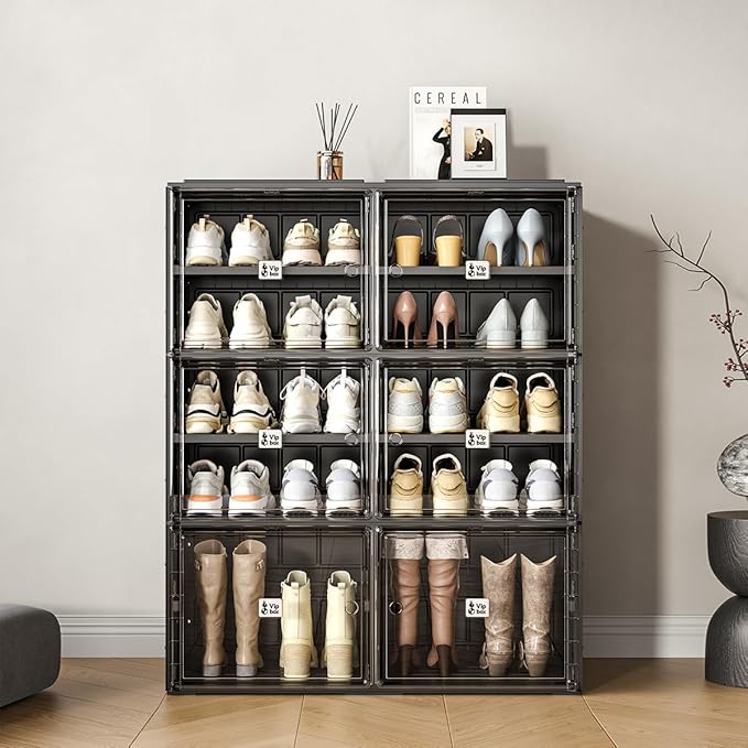 Black Shoe Rack Organizer Cabinet for Closet Entryway,Clear Shoe Storage Boxes Stackable Sneaker Storage with Door Easy Assembly Shoe Cabinet with Lids Large 5 Tiers 20 Pairs
