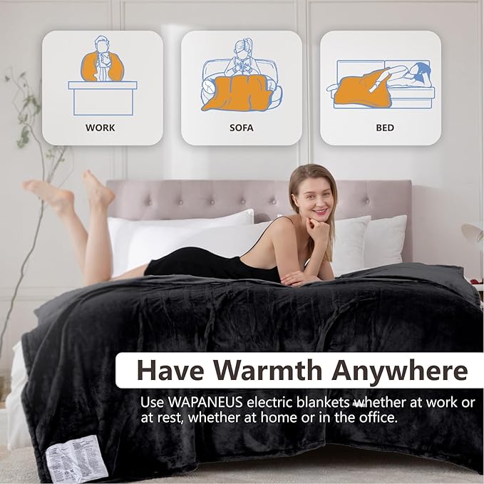 Wapaneus Heated Blanket Electric Blanket 72" x 84" Full Size with 10 Heating Levels and 12 Hours time Settings, Flannel Fast-Heating Electric Blanket, ETL Listed, Machine Washable, Black