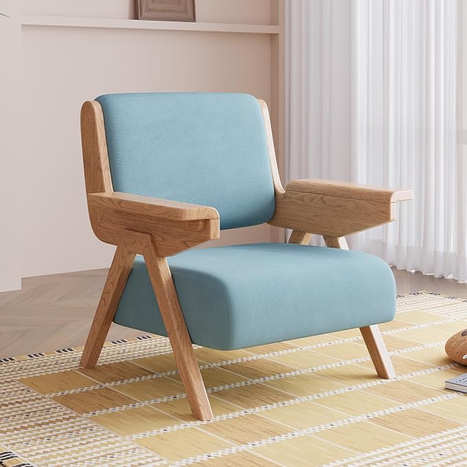 Accent Chair Mid Century Modern Chair, Velvet Upholstered Lounge Arm Chair with Solid Wood, Cozy Reading Chair for Living Room, Bedroom, Balcony (Blue)