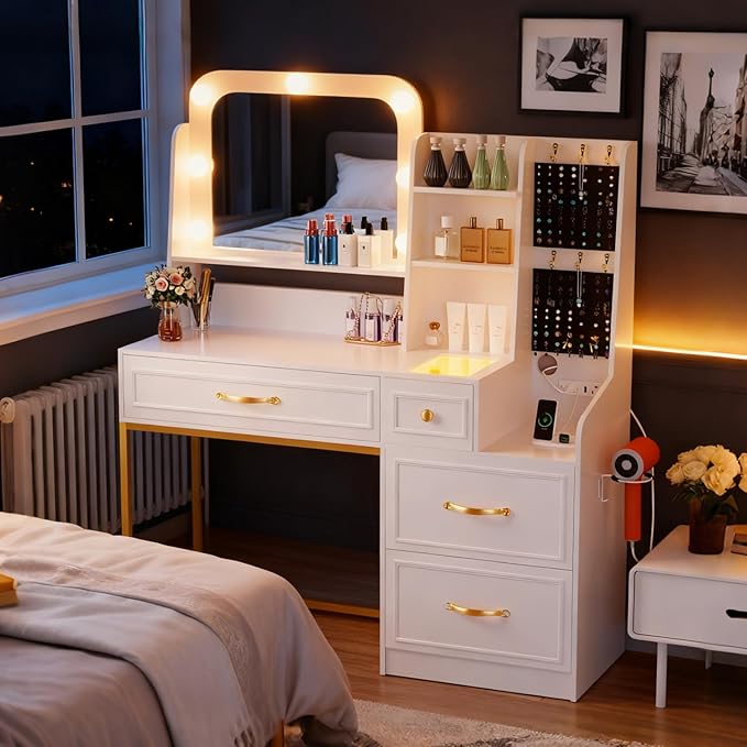 Makeup Vanity Desk with Mirror and Lights,Glass Top Dresser with Charging Station,Vanity Table with Storage and Jewelry Stand,Dressing Table,edroom Makeup Desk for Women,White
