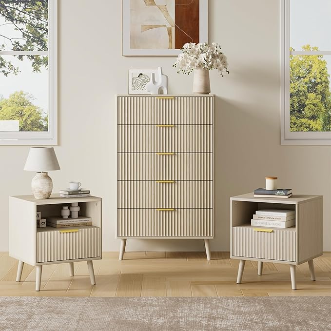 LYNSOM Fluted Dresser and Nightstand Sets 3 Piece, 5-Drawers Dresser and 1-Drawer Nightstands Set of 2, Wood Bedroom Furniture Set for Home, Bedroom, Hallway, Beige