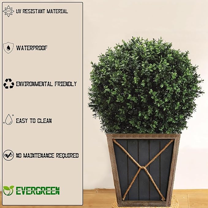 26" H x 18" W Artificial Boxwood Topiary Ball – Realistic UV-Resistant Artificial Shrub with Weighted Pot, Set of 2 – Indoor/Outdoor Year-Round Green Décor for Porch, Garden, Patio