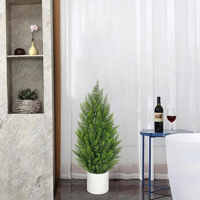 Briful 2PCS 3ft Artificial Cedar Topiary Trees in White Planter – Compact Faux Evergreen Potted Plants with Dense Realistic Layered Leaves, Lifelike Fake Trees for Home, Office, Patio, Porch